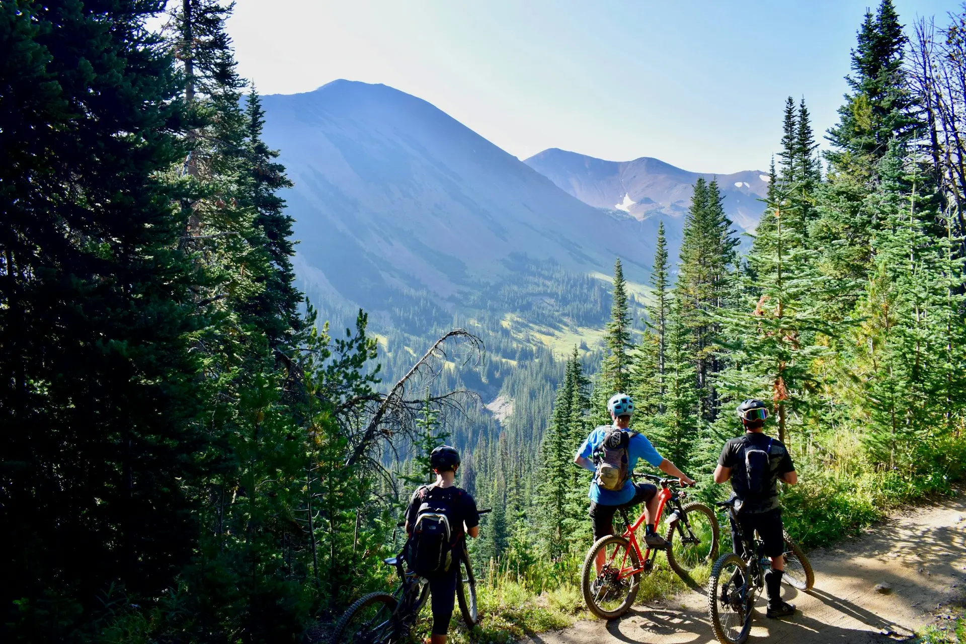 Tre amici in mountain bike si fermano su un sentiero sopra una valle di montagna